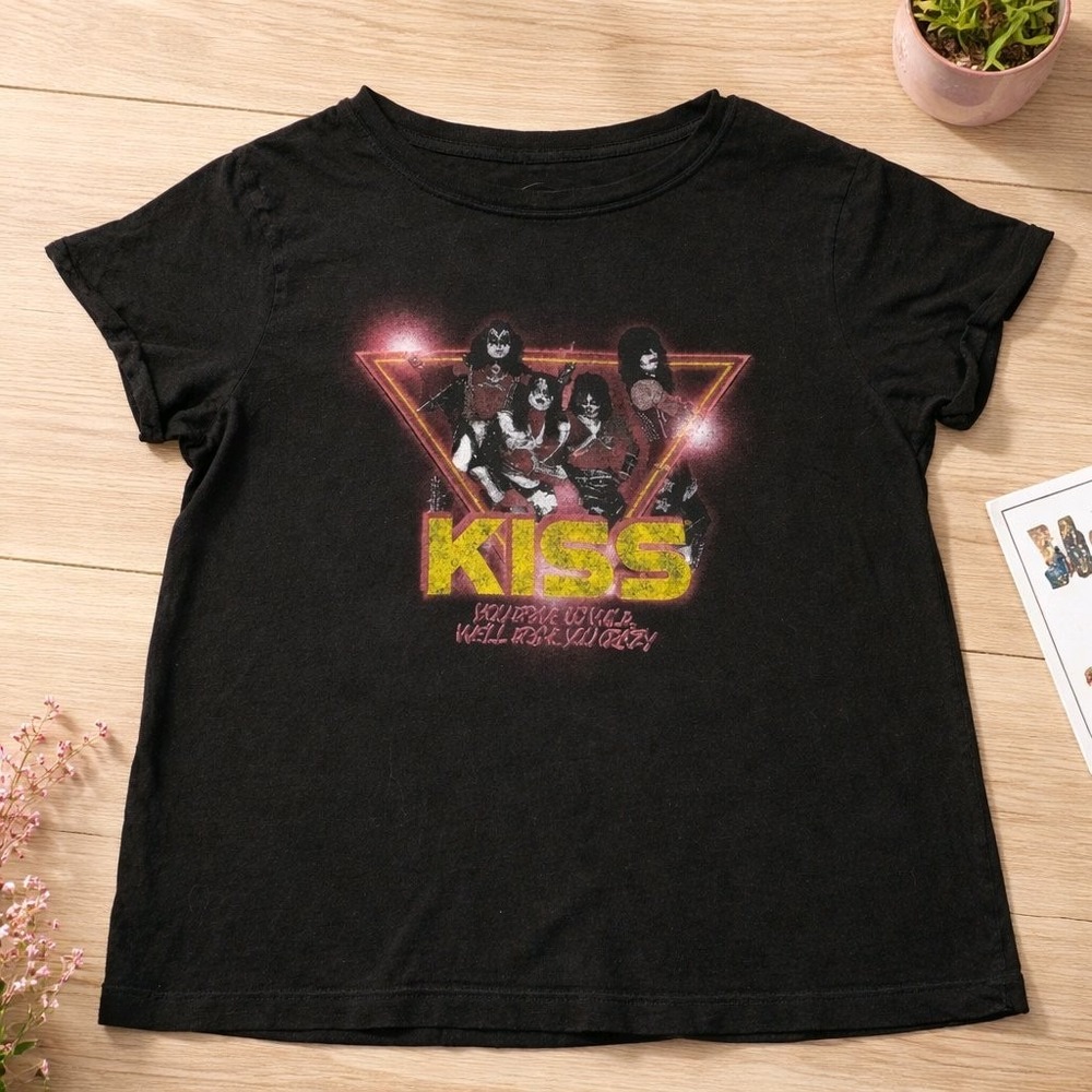 Project Karma KISS Graphic‎ Tee Women Large Black Good Band T-Shirt Retro